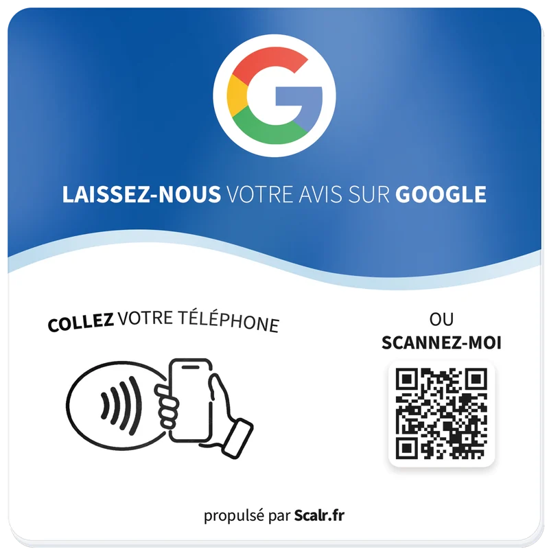 Plaque NFC Scalr. « Laissez-nous votre avis sur Google » avec puce NFC et QR code